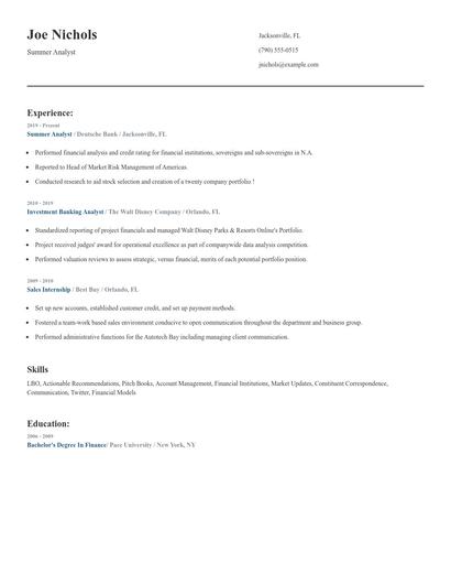Summer Analyst Resume