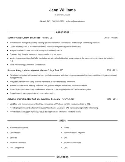 Summer Analyst Resume