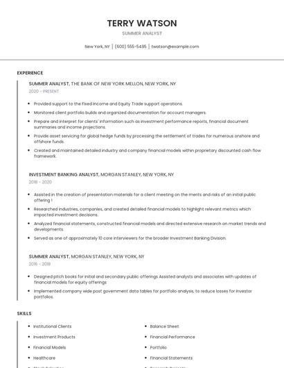 Summer Analyst Resume