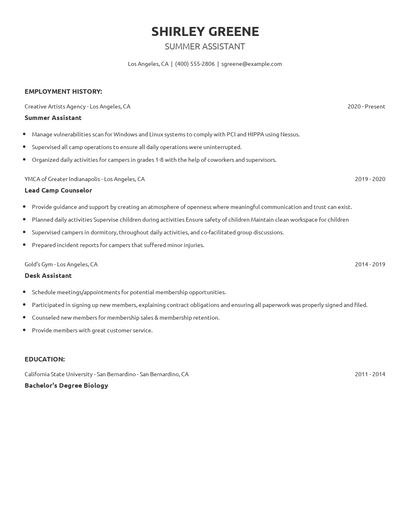 Summer Assistant Resume