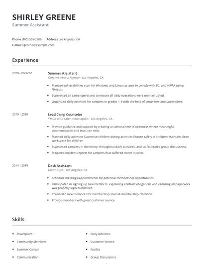 Summer Assistant Resume