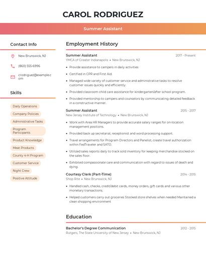 Summer Assistant Resume