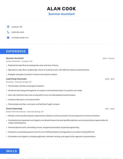 Summer Assistant Resume
