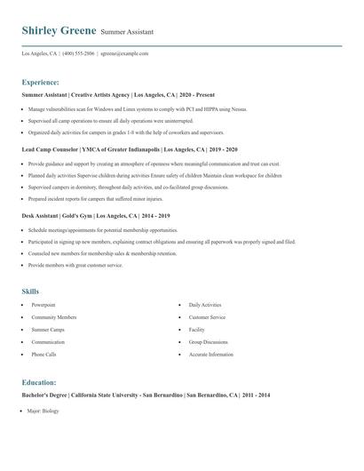 Summer Assistant Resume