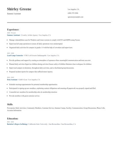 Summer Assistant Resume