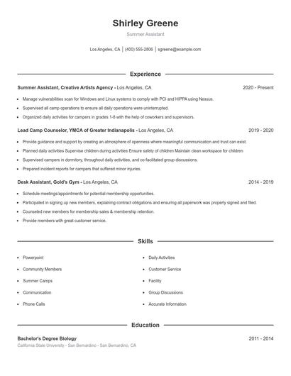 Summer Assistant Resume