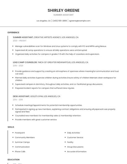 Summer Assistant Resume