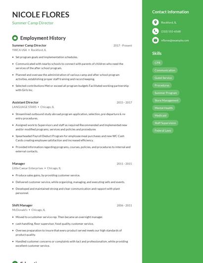 Summer Camp Director Resume