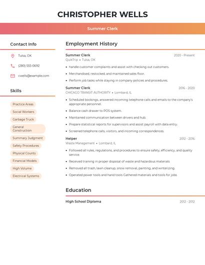Summer Clerk Resume