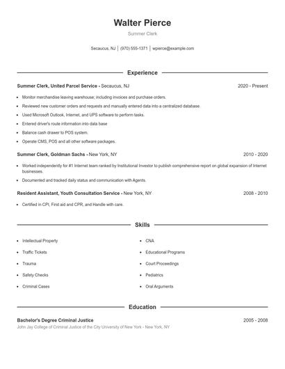 Summer Clerk Resume