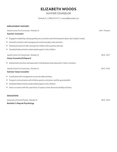 Summer Counselor Resume