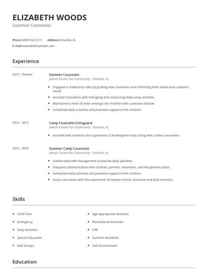 Summer Counselor Resume