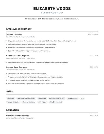 Summer Counselor Resume
