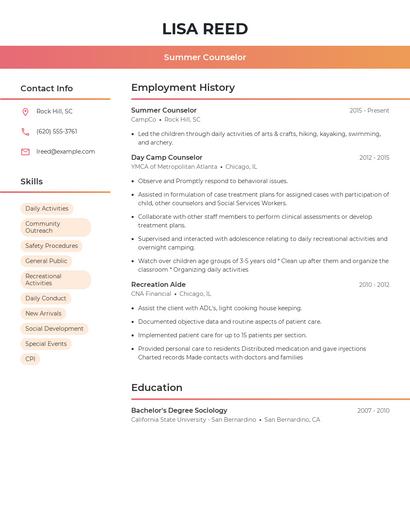 Summer Counselor Resume