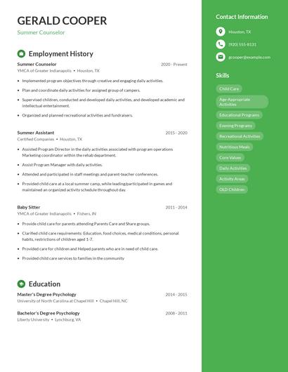 Summer Counselor Resume