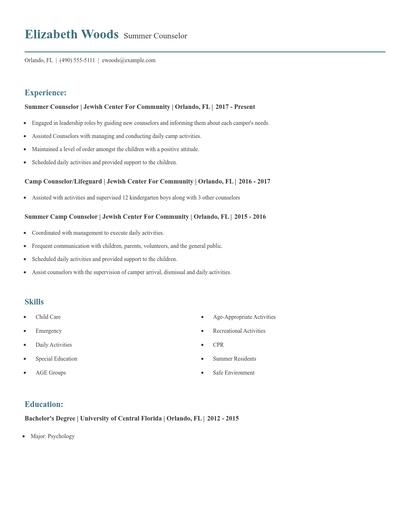 Summer Counselor Resume