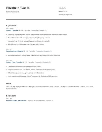Summer Counselor Resume