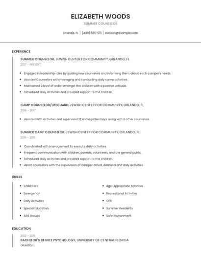 Summer Counselor Resume