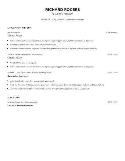 Summer Nanny Resume