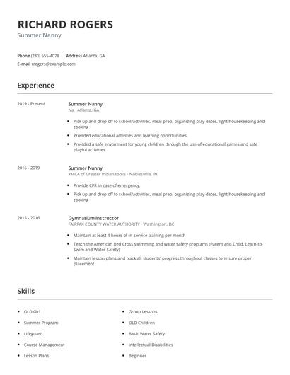 Summer Nanny Resume