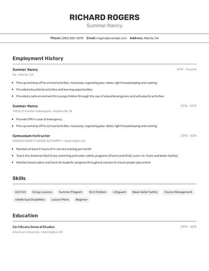 Summer Nanny Resume