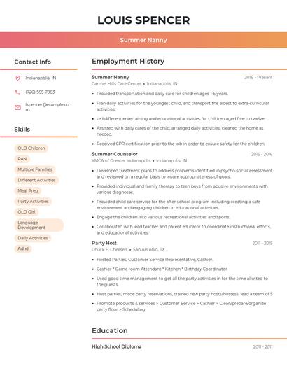 Summer Nanny Resume