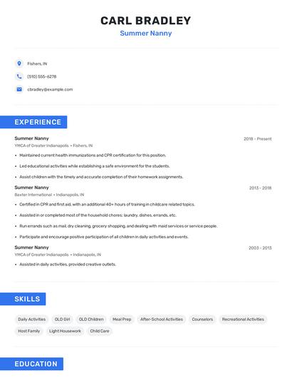 Summer Nanny Resume