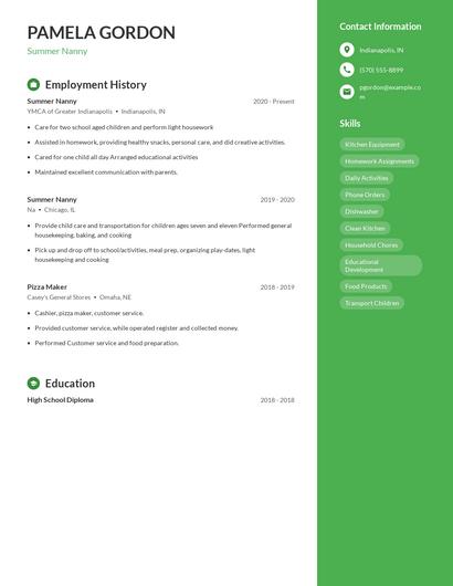 Summer Nanny Resume