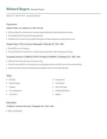 Summer Nanny Resume