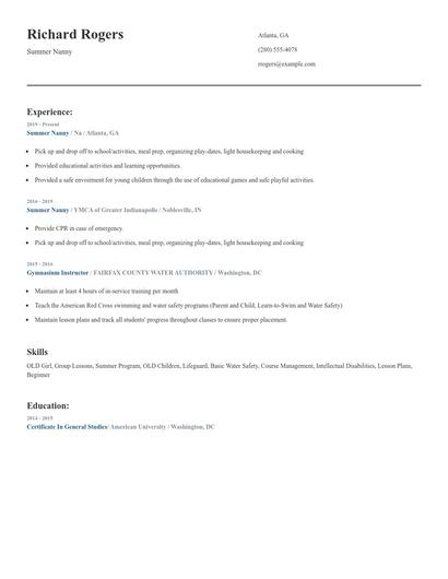 Summer Nanny Resume