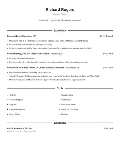 Summer Nanny Resume