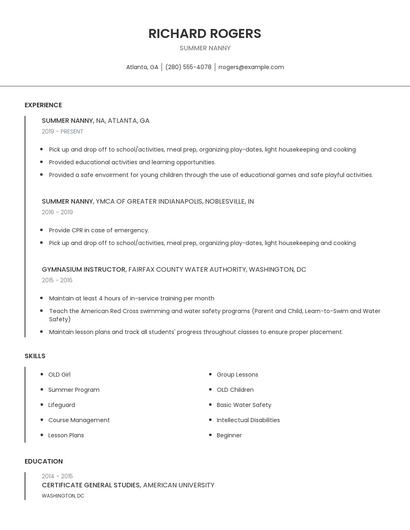 Summer Nanny Resume