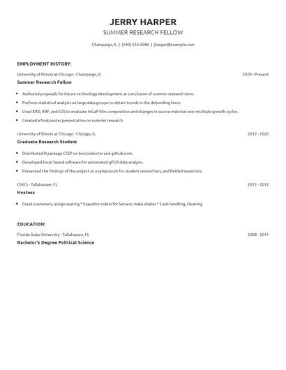 Summer Research Fellow Resume