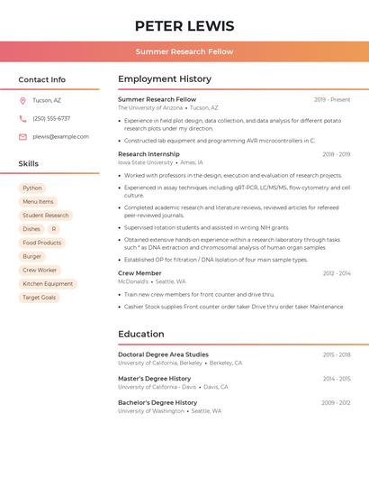 Summer Research Fellow Resume