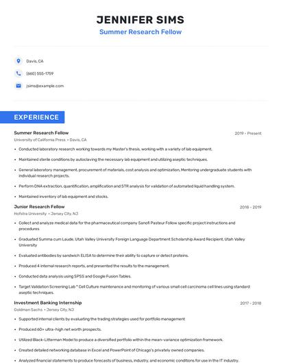 Summer Research Fellow Resume