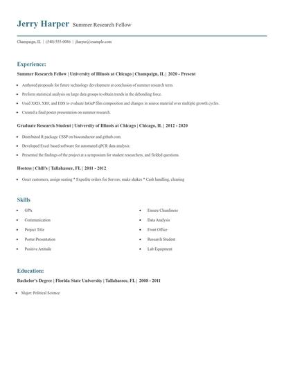 Summer Research Fellow Resume