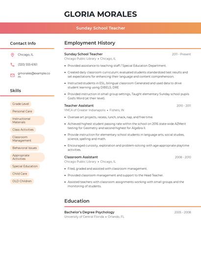 Sunday School Teacher Resume