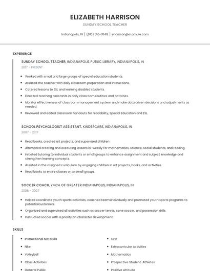 Sunday School Teacher Resume