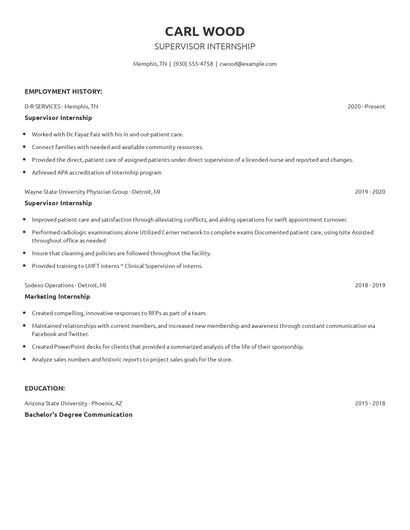 Supervisor Internship Resume