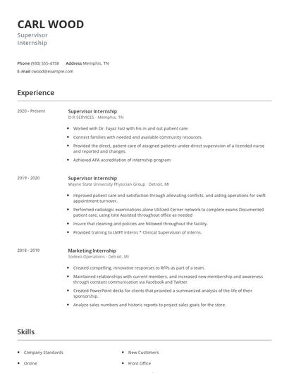 Supervisor Internship Resume