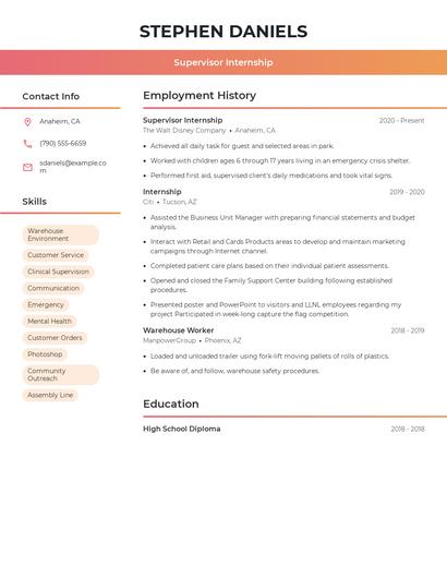 Supervisor Internship Resume