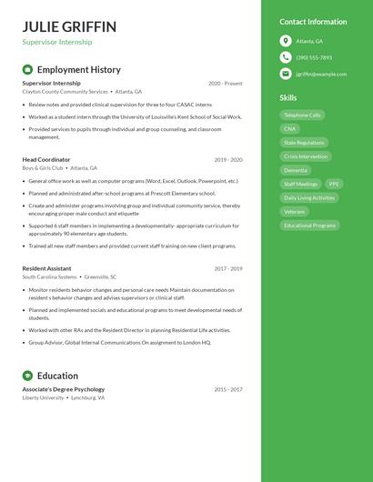 Supervisor Internship Resume