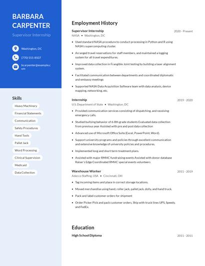 Supervisor Internship Resume