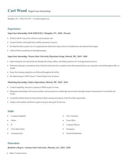 Supervisor Internship Resume