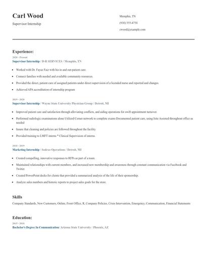 Supervisor Internship Resume
