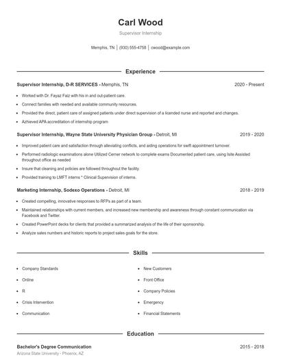 Supervisor Internship Resume