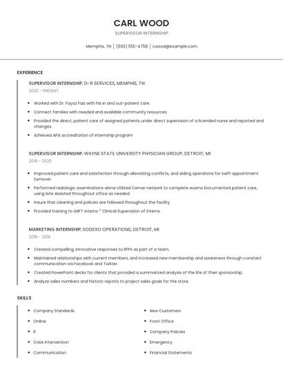 Supervisor Internship Resume