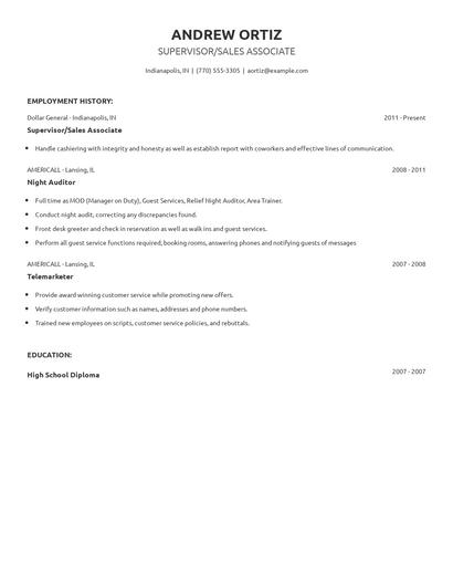 Supervisor/Sales Associate Resume