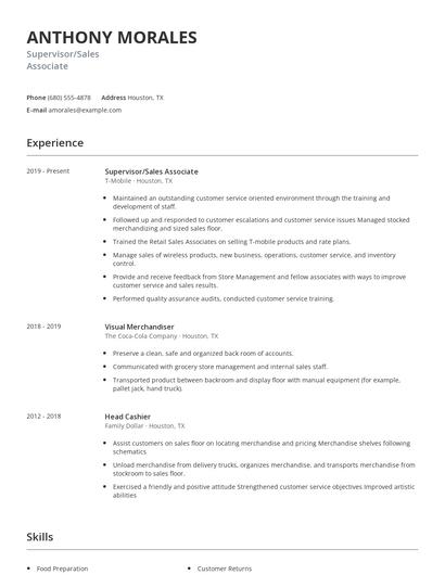 Supervisor/Sales Associate Resume