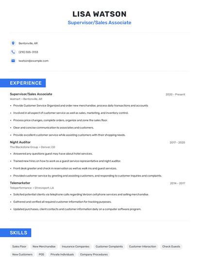 Supervisor/Sales Associate Resume